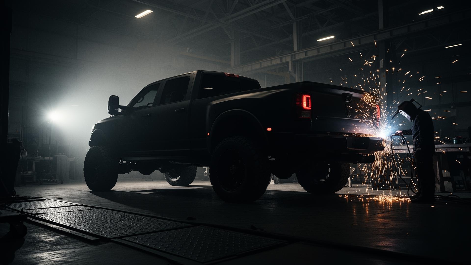 Custom lifted matte black diesel truck being welded in the 1776 Kustom fabrication shop